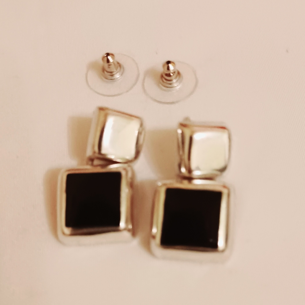 Sterling Silver 925 MEXICO Black Onyx Cushion Modernist Drop Earrings TS-127